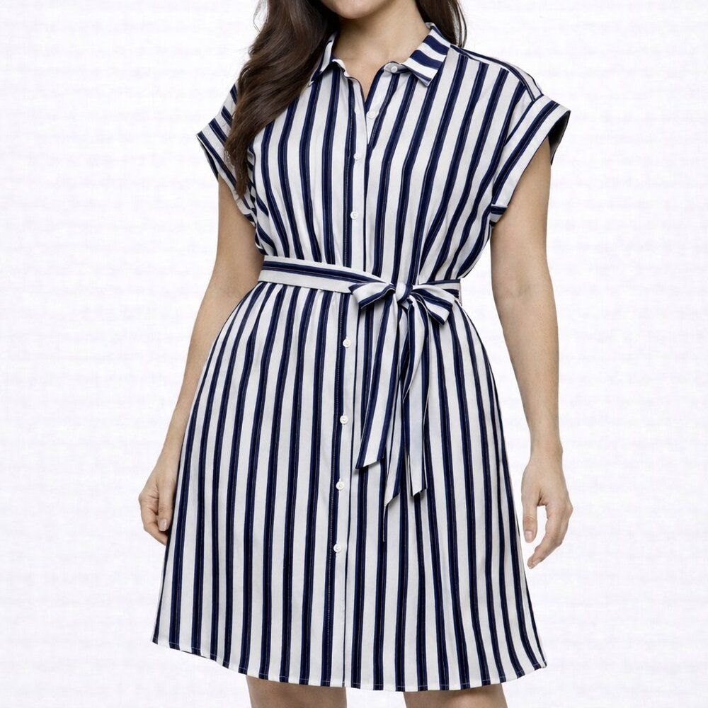 *NWT* Express Navy Blue‎ White Striped Womens Dress Sz. M Belted Button Front